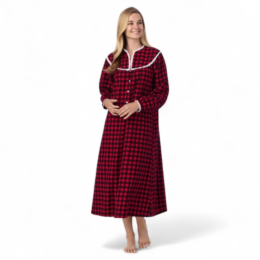 Lanz of Salzburg Buffalo Check Cozy Flannel Midi Ruffled‎ Gown Women's Sz S